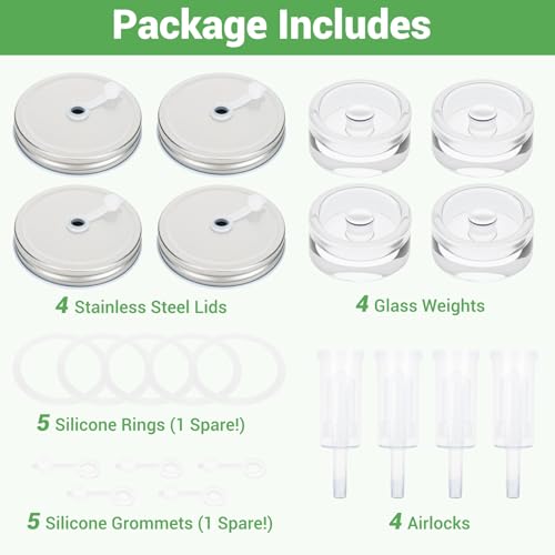 fermentation kit for Kitchen - fermenting lids for mason jars, 4 Glass Fermentation Weights, 4 Airlocks, 5 Food-Grade Silicone Rings & 5 Grommets - Perfect for Pickling, Sauerkraut, Kombucha (No Jars)