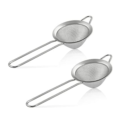 E-far Fine Mesh Strainer Set of 2, 3.3 Inches Stainless Steel Tea Strainer with Long Handle, Small Conical Mesh Strainers Sieve for Cocktail Coffee Food, Rust Proof & Easy to Clean (Silver) - color: Silver-2