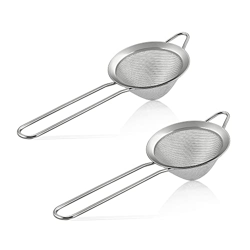 E-far Fine Mesh Strainer Set of 2, 3.3 Inches Stainless Steel Tea Strainer with Long Handle, Small Conical Mesh Strainers Sieve for Cocktail Coffee Food, Rust Proof & Easy to Clean (Silver) - color: Silver-2