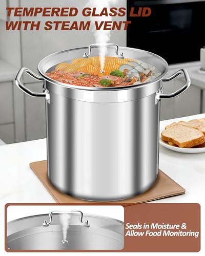 Large Stock Pot 20 Quart - Commercial Grade Soup Pot With Glass Lid - Nickel Free Stainless Steel Cookware - Healthy Polished Stockpots - Heavy Duty Induction Pots - size: 20 Quarts