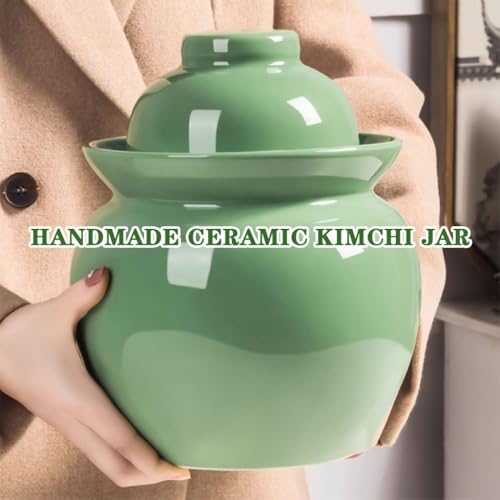 Fresh Green Modern Kimchi Jar, Thickened Ceramic Fermentation Crock, Traditional Water Seal Design, 4 (3.5kg/123.4oz) - size: 3.5kg/123.4oz