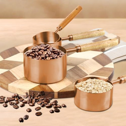 Copper Stainless Steel Measuring Cups and Spoons Set,8 Piece Measuring Cup Set with Wooden Handle and Metric and US Measurements，Copper Polished Finish，for Cooking and Baking in The Kitchen - color: Copper