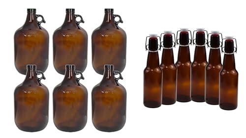 1 Gallon (128 oz) Amber Glass Jugs 6pk with 6pk of Amber 16-20oz Growlers For Beverages, Oil, Vinegar, Kombucha, Beer, Water, Soda, Kefir - color: 6 Amber Jug & 6 Amber Growlers