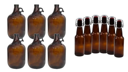 1 Gallon (128 oz) Amber Glass Jugs 6pk with 6pk of Amber 16-20oz Growlers For Beverages, Oil, Vinegar, Kombucha, Beer, Water, Soda, Kefir - color: 6 Amber Jug & 6 Amber Growlers