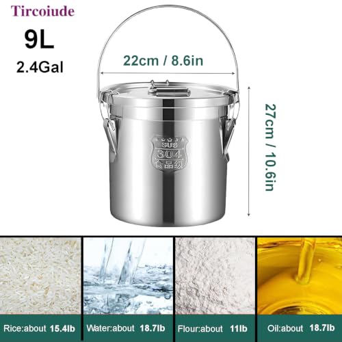 주방용 304 스테인리스 스틸 밀폐 용기, 7.4L(2.4갤런) 식품 보관 용기, 뚜껑 및 잠금 클램프 금속 버킷, 쌀, 밀가루, 곡물, 커피콩, 설탕, 쿠키용 9L(휴대용) - size: Handheld 9L/2.4gal