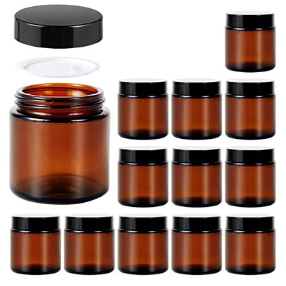 Hoa Kinh 4oz Glass Jars with Lids, 12 Pack Amber Empty Small Cosmetic jar | Airtight Leak Proof Travel Jars for Lotion Cream Lip Balm DIY Thick Glass Reusable Sample Containers with Lined Lids - color: Amber-Black Lid, size: 4oz-12pack