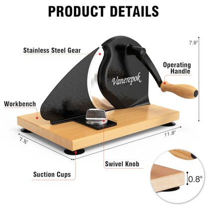 vanerepok Manual Bread Slicer Adjustable Thickness for Homemade Sourdough | Hand Crank Bread Cutter with Scale & Stable Suction Cups & Wood Base for Even Slicing Perfect Baking Gift for Home Bakers - color: Black