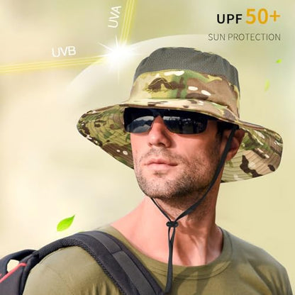 Sun Hats for Men Women Fishing Hat UPF 50+ Breathable Wide Brim Summer UV Protection Hat - color: Camo Green