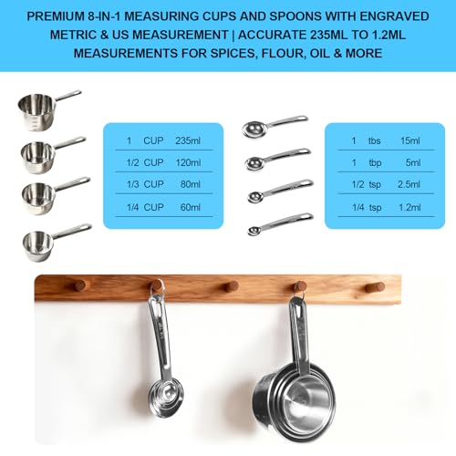 8 PCS Stainless Steel Measuring Cups and Spoons Set, Engraved Metric & US Measurement Measuring Cups and Spoons, Food Grade Metal Measure Cups for Dry & Liquid Kitchen Cooking Baking, Dishwasher Safe
