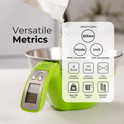 Fradel Digital Kitchen Food Scale with Bowl - 11lb, Grams & Ounces - Removable, Dishwasher-Safe Mixing Bowl - Green - color: Green