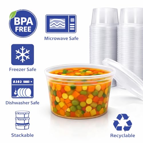 16 oz [24-Pack] Microwavable Plastic Deli Food Storage Containers with Lids | BPA Free, leak-resistant, stackable and freezer-safe design helps keep food fresh and secure - size: 16 oz - 24 Pack