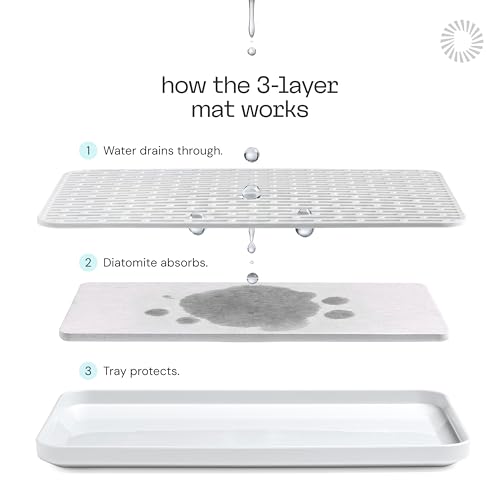 Deepstone 3-Layer Stone Dish Drying Mat for Kitchen Counter - Diatomaceous Earth Quick Dry Mat with Removable Plastic Topper and Non-Slip Base Pad, 16 x 9 in (White)