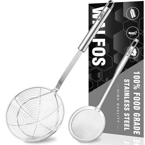 Walfos 7 inch Extra Large Spider Strainer - Stainless Steel Fryer Scoop & 4 in Skimmer Spoon, Set of 2 - Kitchen Spider Skimmer Strainer With Handle, For Cooking, Frying, Pasta, Egg, Foam - size: 2 pcs (7" Strainer , 4" Skimmer)