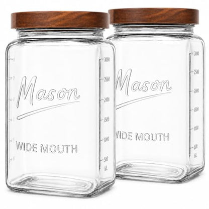 1 Gallon Glass Jars with Wooden Lids - Extra Large Mason Jars Wide Mouth with Airtight Wood Lids - Square Glass Storage Containers with Measurement Markings for Flour, Sugar & Pickling, 2 Pack