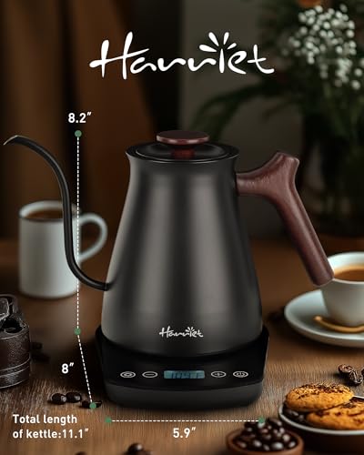Harriet Gooseneck Electric Kettle - 1200W Fast Heat, 0.8L Stainless Steel, Precision Temp Control & Timer, Wood Handle, Pour Over Coffee and Tea, Black - color: Black