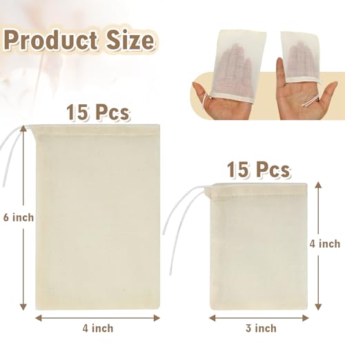 Reusable Muslin Tea Bags: 30pcs 200-mesh Cotton Sachet Bags with Drawstring Boil-Safe for Cooking Soup -3 * 4in & 4 * 6in Spice Bags for Bathing Unbleached