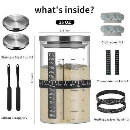 Wissy&Konny Sourdough Starter Jar,2PACK 35OZ Wide Mouth with Ounce Scale line,Date Marked Feeding Band, Thermometer, Sourdough Jar Scraper, Cloth Cover & Stainless Steel Lid Sourdough Starter Kit - color: Steel Lid-2 Pack