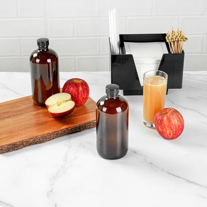 Restaurantware Vetri 16 Ounce Boston Glass Bottles, 12 Bottles With Black Phenolic Caps - Dishwashable, Round, Amber Glass Bottle, For Secondary Kombucha Fermentation, Homemade Essential Oils - color: Amber, size: 16 Ounces