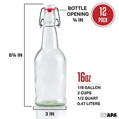 Ilyapa 16 Ounce Clear Swing Top Glass Beer Bottles for Home Brewing - Carbonated Drinks, Kombucha, Kefir, Soda, Juice, Fermentation, 12 Pack Glass Bottle with Airtight Rubber Seal Flip Caps - color: Clear, size: 16oz