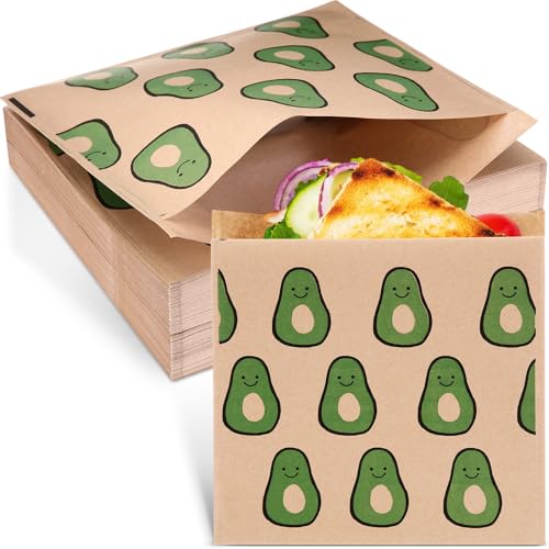 Epakh 200 Pack Paper Sandwich Bags Avocado Design 8 × 8 Inch Happy Food Storage Recyclable Grease Resistant Disposable Snack Bags for Family Home Use - style: Avocado