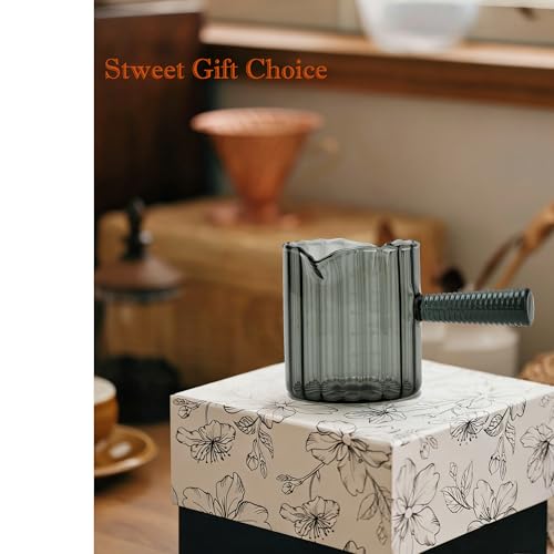 Glass Espresso Cup 6 OZ, Double Shots Measuring Cup with Glass Handle for Dishwasher Safe, Double V-Shaped Spout Milk Frothing Pitcher, Espresso Accessories for Machine, Demitasse Cups (Gray) - color: Gray