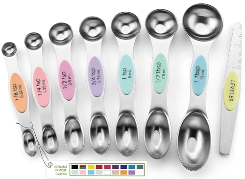 Spring Chef Stainless Steel Magnetic Measuring Spoons Set of 8 with Leveler, Metal Teaspoon & Tablespoon Measuring Spoons for Dry and Liquid Ingredients, Kitchen Gadgets for Baking & Cooking - Pastel - color: Pastel, size: 1-Pack