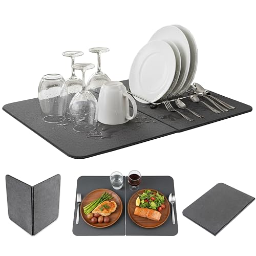2-Panel Large Foldable Stone Drying Mat 24"x16" – Diatomaceous Earth Stone Dish Drying Mat, Ultra-Absorbent Stone Drying Mat for Kitchen, Collapsible Quick-Dry Countertop Protector for your Dishes - color: Stone Gray