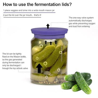Waterless Airlock Fermentation Lids Wide Mouth Mason Jars 3 Pack Silicone Fermenting Lids for Pickles, Kimchi, and Fermented Probiotic Food Purple (Jars Not Included) - color: Purple