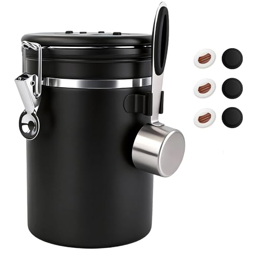 ShanSon Coffee Canister Airtight, Stainless Steel Bean Storage Container with Date Tracker & Scoop, Grounds Sugar Flour Tea Cereal Fits Kitchen Pantry, Ideal Gift for Coffee Lovers,22oz, Black - color: Black, size: 22oz