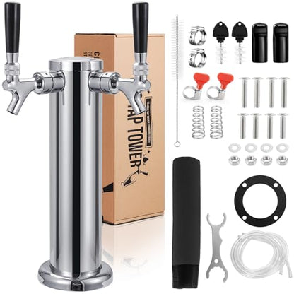 Kegerator Tower Dual Tap Beer Tower Dispenser, Draft Beer Tap Tower Kegerator Parts, Upgraded 3" Flange Keg Tower with Pre-Assembled Tubing & Self-Closing Brass Beer Faucet Stainless Core - size: Dual Tap Beer Tower(Brass Faucet)