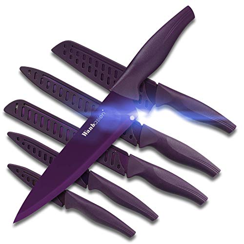 Wanbasion Purple Stainless Steel Knife Set, Sharp Kitchen Knife Set Professional, Kitchen Knife Set Dishwasher Safe with Covers for Cooking - color: Purple