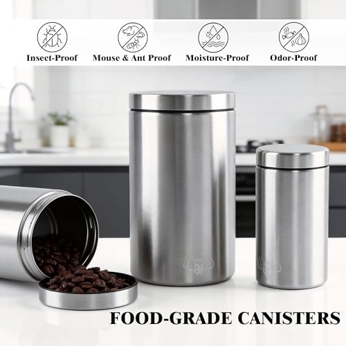 3-Piece Stainless Steel Food Canisters Set (27/47/84oz) | Airtight Metal Kitchen Storage Containers with Screw Lids | Stackable Jars for Coffee, Flour, Sugar & Protein Powder - color: Silver