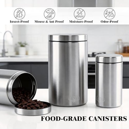 3-Piece Stainless Steel Food Canisters Set (27/47/84oz) | Airtight Metal Kitchen Storage Containers with Screw Lids | Stackable Jars for Coffee, Flour, Sugar & Protein Powder - color: Silver