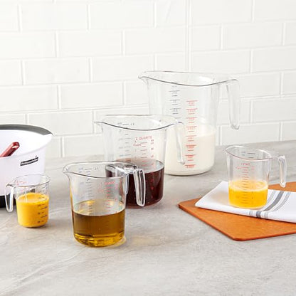 Restaurantware RW Base 1 Quart Measuring Jar 1 Durable Measuring Beaker - Metric And Imperial Units V-Shaped Spout Clear Plastic Measuring Cup Handle With Thumb-Grip Tolerates Up To 248F - color: Clear, size: 6.50" × 4.75" × 6.00"