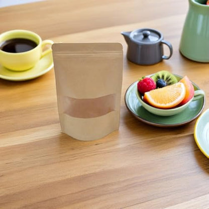 50pcs Kraft Paper Food Storage Bags with Window, Stand-up Resealable Pouches for Cheese and Candy, Reusable Kraft Sealable Pouches for Travel and Pantry Organization