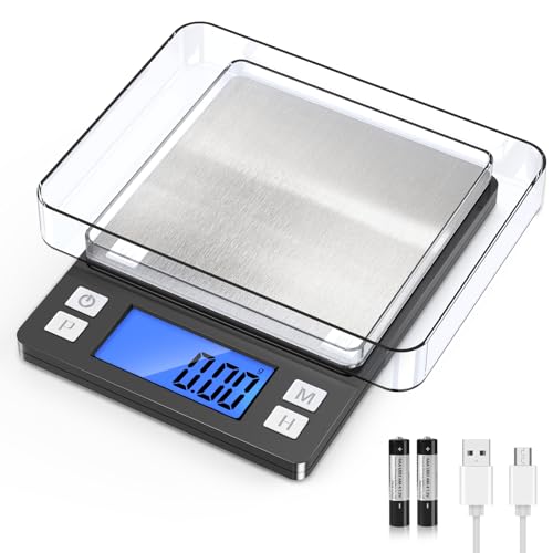 BOMATA 0.01g/1kg Upgraded Small Digital Scale, USB Rechargeable, with Larger Display and Hold,Tare Function, 9 Units, High Precision Digital Scale Grams and oz for Small Item, Kitchen…Grey - size: 0.01g/1kg GREY