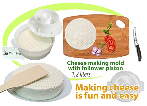PetriStor Cheese Mold for Cheese Making Cheese with Follower Piston 1.3QT and Cheesecloth - Cheese Form Mold - Cheese Making Basket - Paneer Cheese Press Mold - Molde Para Queso