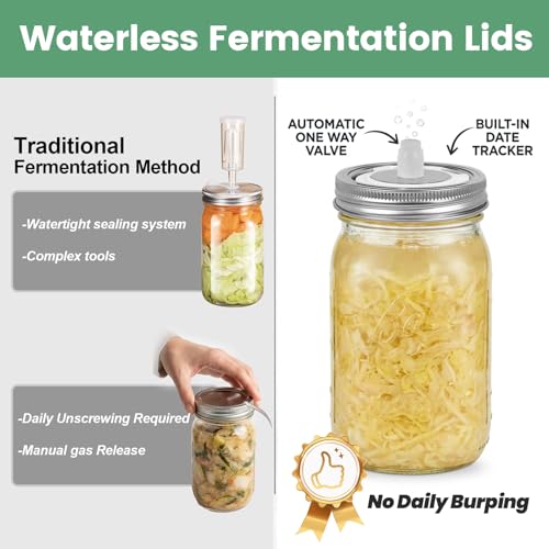 Ugotit Stainless Steel Mason Jar Lids for Wide Mouth Jars, 4 Pack | Self Burping Fermentation Lids with Automatic Waterless Airlock & Date Tracker, Fermenting Kit for Sauerkraut Kimchi Kombucha