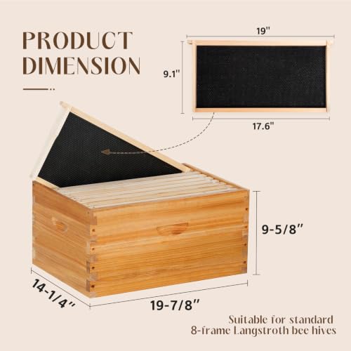 8 Frame Deep Brood Bee Hive Box Langstroth Honey Bee Hive Bee Box Dipped in Beeswax Includes Beehive Frames and Waxed Foundation Sheets (Unassembled) - size: 8 frame deep