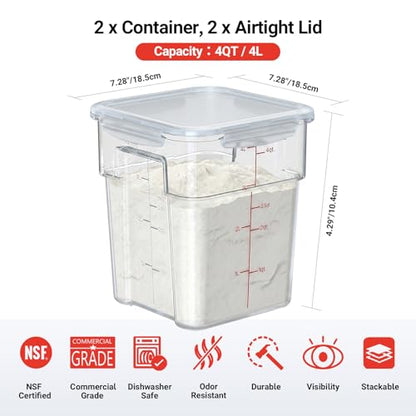 2 Pack 4 QT Airtight Commercial Food Storage Containers, Clear Food Storage Container with Built-In Labeling Area, Stackable for Coffee Beans, Sugar, Rice and Dry Goods, Tall Model - size: 2 X 4.0(QT)-Tall
