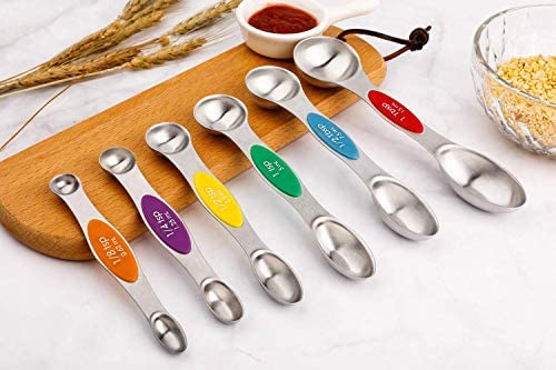 Magnetic Measuring Spoons Set of 6 Stainless Steel Dual Sided Stackable Teaspoon for Measuring Dry and Liquid Ingredients - color: Color