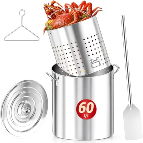 60QT Seafood Boil Pot with Detachable Stirring Paddle, Stainless Steel Stock Pot, Crawfish Boiler with Basket, Lid & Lifting Hook, Perfect for Outdoor Crab, Lobster & Shrimp Boils - style: 60QT+Mixing Paddle