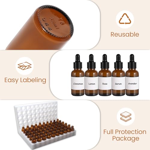 UPBUD 50 Pack 1oz Amber Glass Dropper Bottles Leakproof with Funnels, Eye Droppers, Extra Caps, Labels - Refillable UV 30ml Empty Bottles for Tinctures, Essential Oils, Perfume, Beard, Hair Oil - color: Amber-black-1oz, size: 1oz