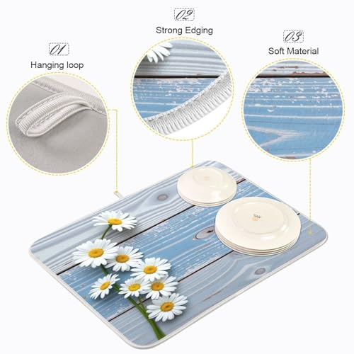 Kcldeci Daisy Wooden Dish Drying Mat,Spring Drying Mat For Kitchen Counter 16 x 18 Dish Drainer Mat Dish Rack Pad Kitchen Counter Mat - color: Daisy, size: 16x18in