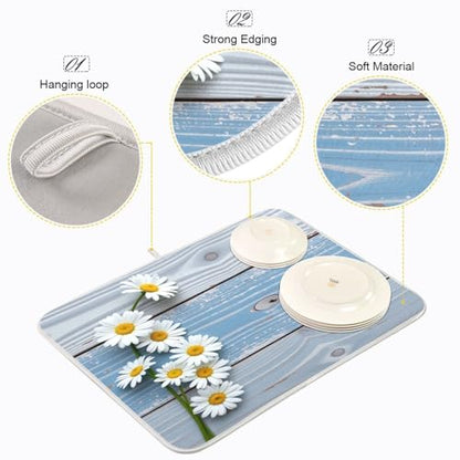 Kcldeci Daisy Wooden Dish Drying Mat,Spring Drying Mat For Kitchen Counter 16 x 18 Dish Drainer Mat Dish Rack Pad Kitchen Counter Mat - color: Daisy, size: 16x18in