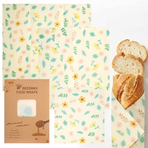 Beeswax Wraps for Food, Flowers 3 Pack (S, M, L) Reusable Food Wraps, Bread Sandwich Wrap, Zero Waste, Organic, Plastic-Free Food Storage Wrap - color: Flowers