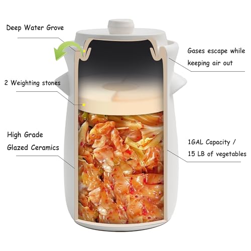 Fermentation Crock 3.8Liter/1 Gallon Stoneware Pot for Fermenting, Pickling Kimchi, Pickles, Vegetables, Kombucha - Glazed Fermenter with Stone Weights, Lid & Pickle Tamper-White Crock - color: White