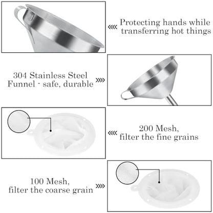 WMKGG 304 Stainless Steel Funnel, 5 Inch Funnels for Kitchen Use Filling Bottles, with 200 Mesh and 100 Mesh Fine Mesh Strainer, for Oils, Juice, Wine, Coffee, Milk, Tea, Powder - size: Funnels+Strainer