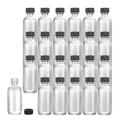 Restaurantware Vetri 2 Ounce Boston Glass Bottles, 48 Sample Bottles With Black Phenolic Caps - Dishwashable, Round, Clear Glass Bottle, For Potion, Juice, Ginger Shots, Whiskey, Liquids - color: Clear, size: 2 oz