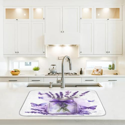 Lavender Mason Jar Dish Drying Mat Kitchen Counter Mats 16" x 18" Microfiber Absorbent Dry Pads for Coffee Bar Non-Slip Dishes Pad - size: 16x18 in